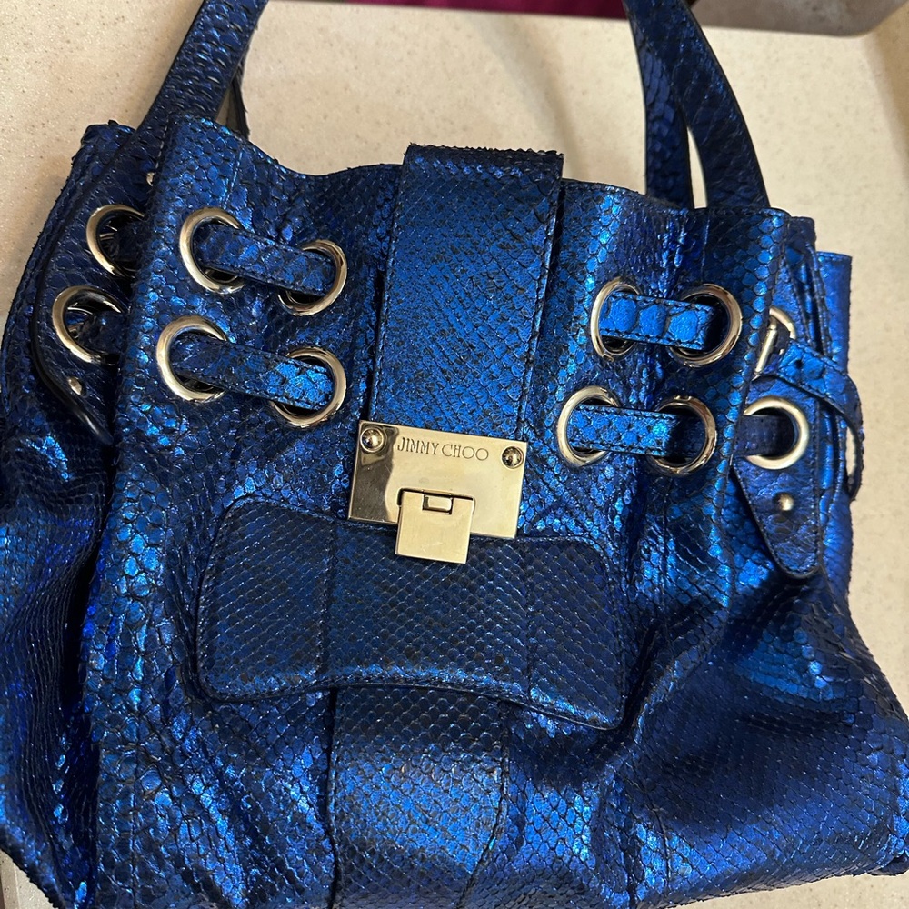 Jimmy Choo Shimmering Blue real  python/snake skin Shoulder bag RARE - Picture 3 of 16